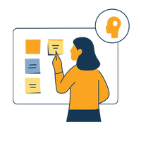 Ilustración de una persona analizando notas en un panel, representando la observación y análisis de insights